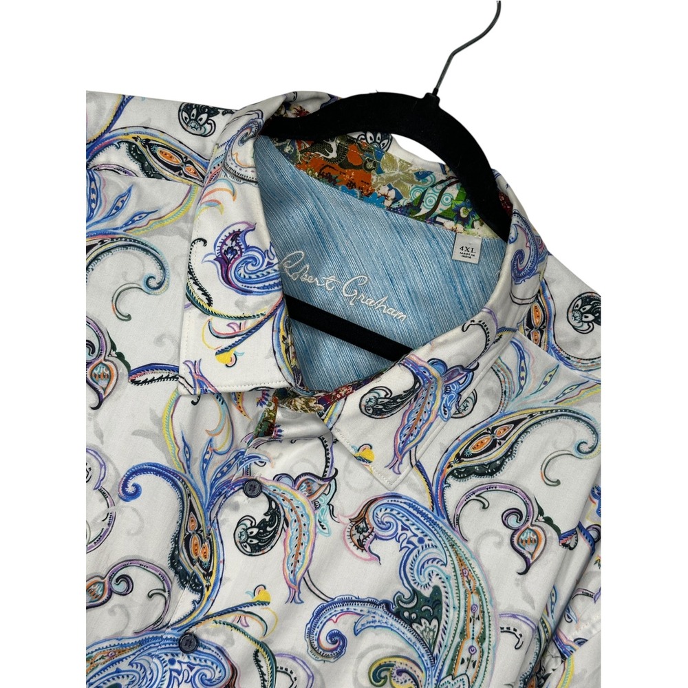 Robert Graham Button Down Shirt 4XL White Blue Paisley Floral Trim Long Sleeve
